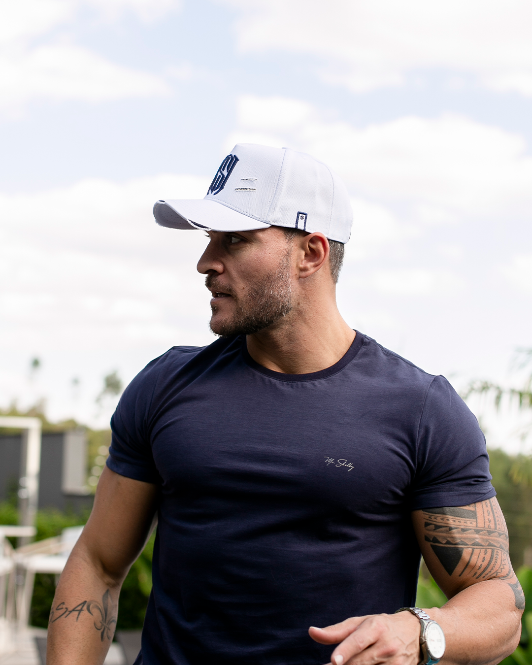 Boné Aba Curva Snapback Mr. Shelby MS-1 Destroyed Branco e Azul