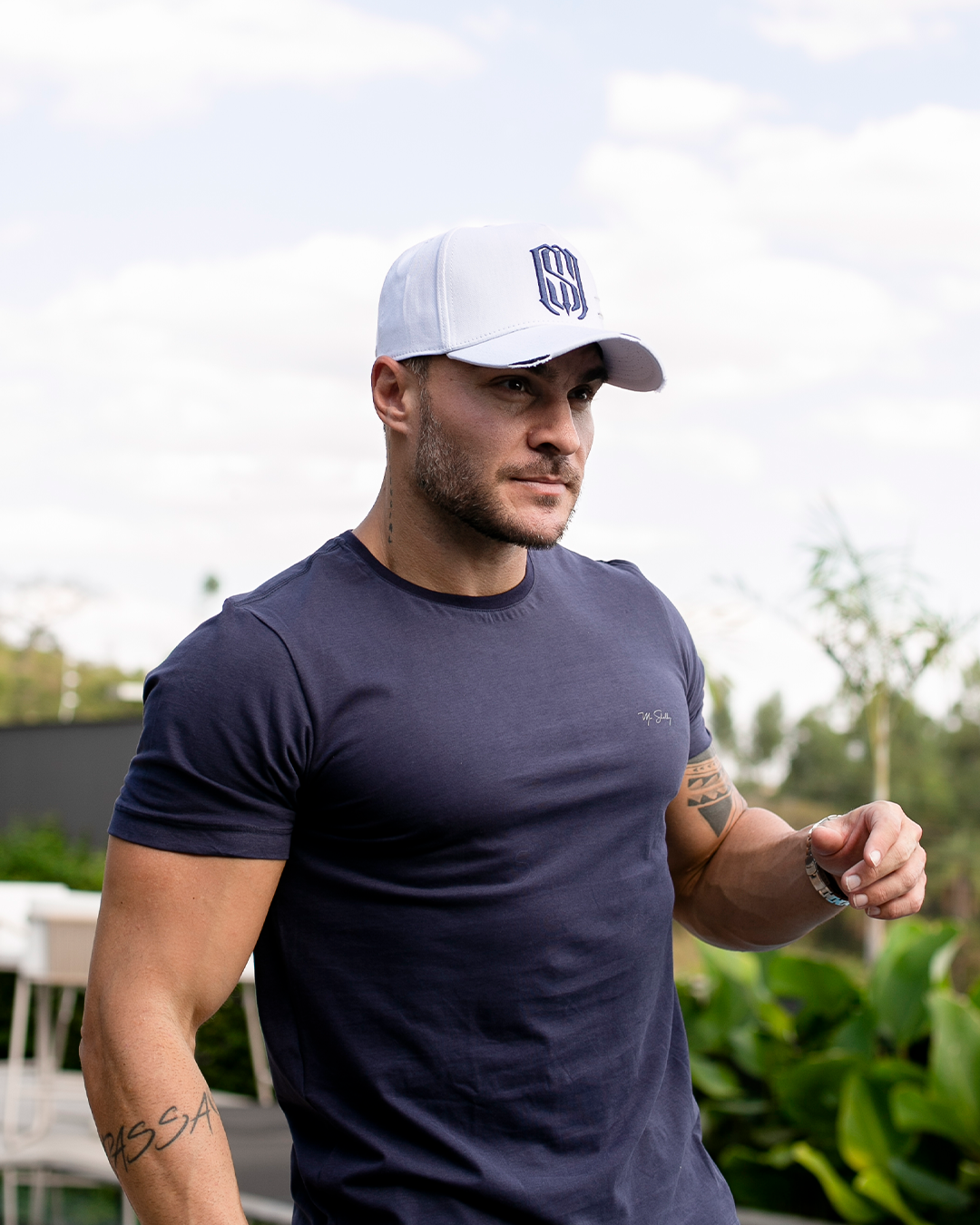 Boné Aba Curva Snapback Mr. Shelby MS-1 Destroyed Branco e Azul