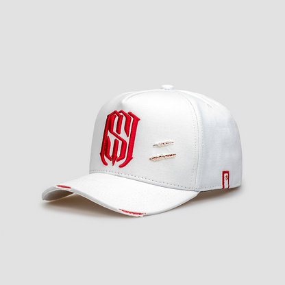 Boné Aba Curva Snapback Mr. Shelby MS-1 Destroyed  Branco e Vermelho