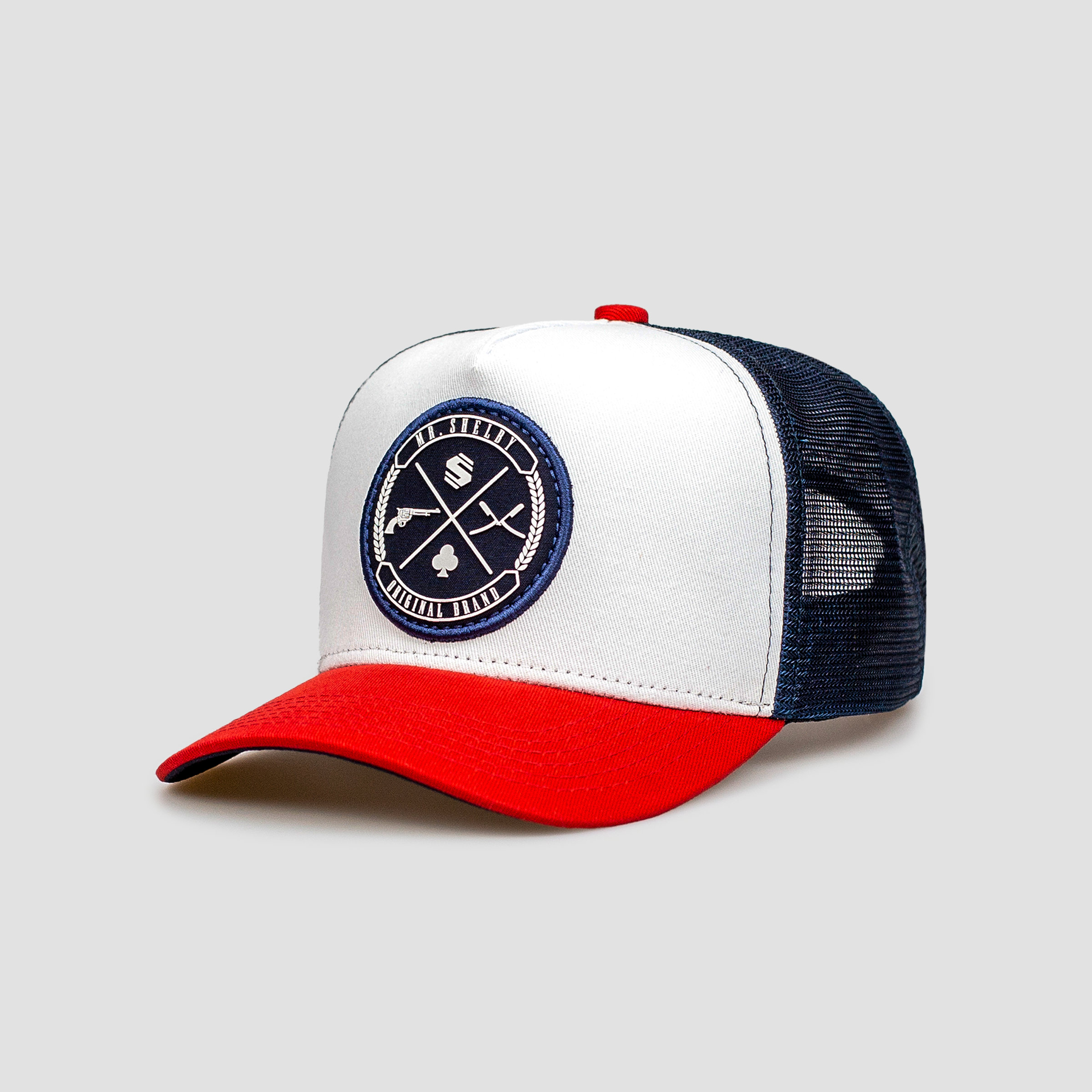Boné Mr. Shelby Trucker Brasão Azul, Branco e Vermelho