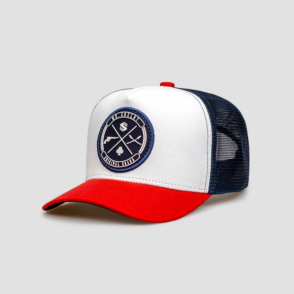 Boné Mr. Shelby Trucker Brasão Azul, Branco e Vermelho