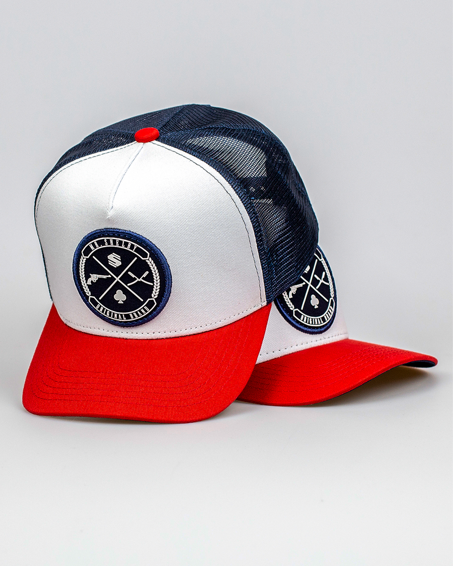 Boné Mr. Shelby Trucker Brasão Azul, Branco e Vermelho