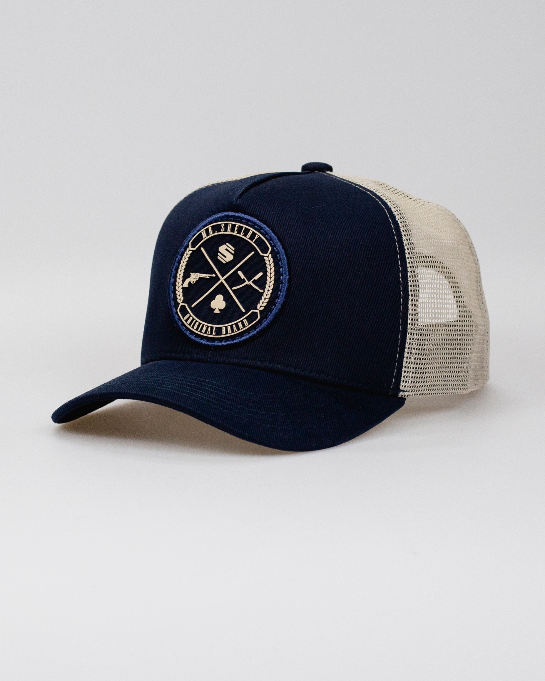 Boné Trucker Mr. Shelby Brasão Marinho e Bege